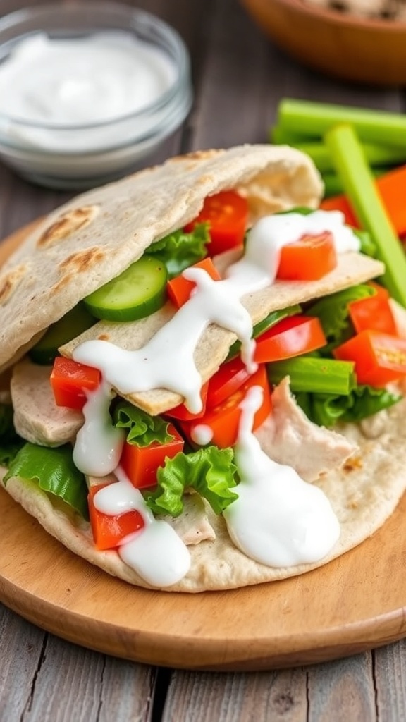 Turkey Pita Sandwich Recipe Turkey pita sandwich with lettuce, tomato, cucumber, and yogurt sauce on a wooden table with vegetable sticks.